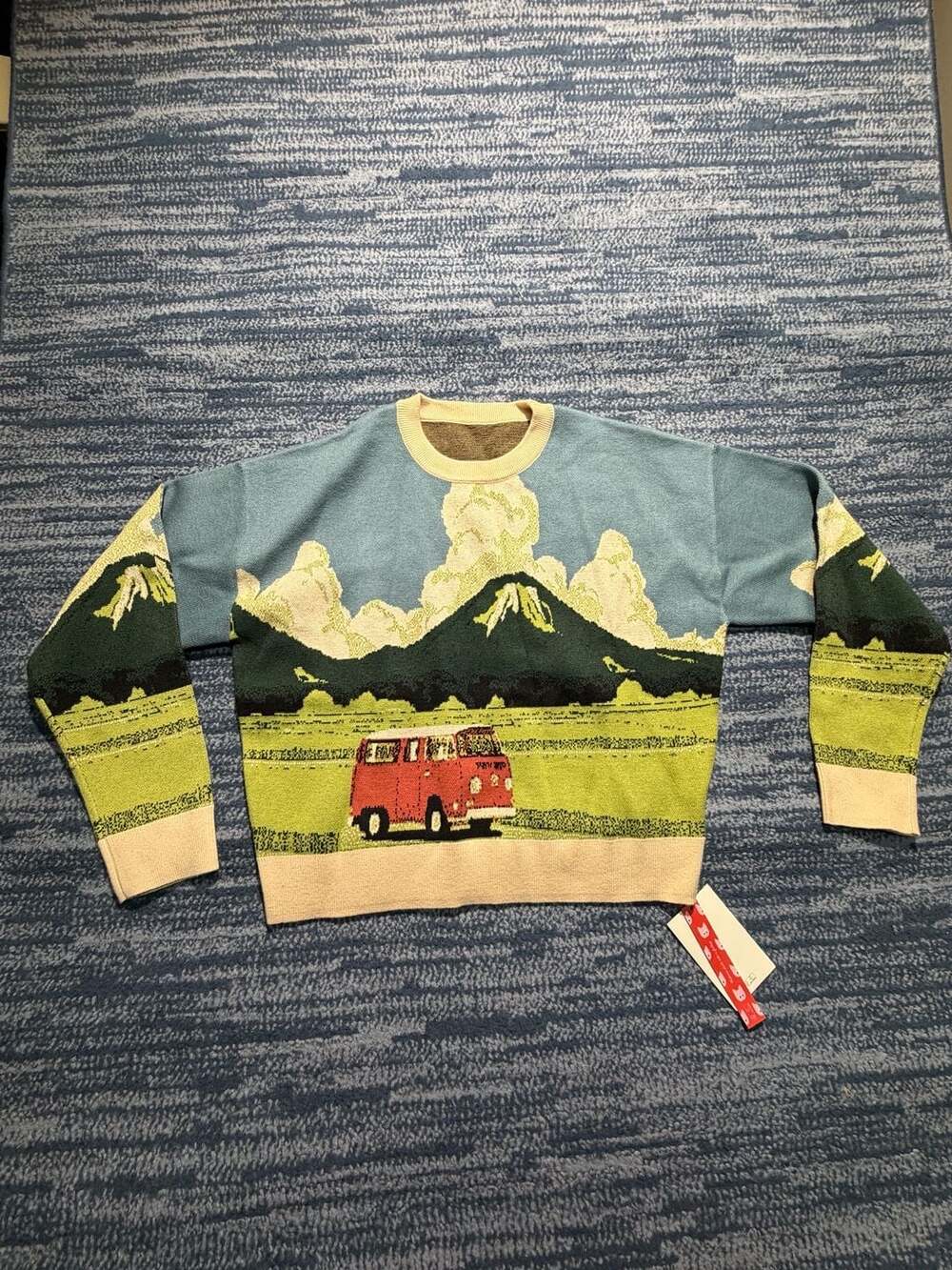 Cider Scenic Camper Van Landscape Knit Sweater X-Small Blue Green